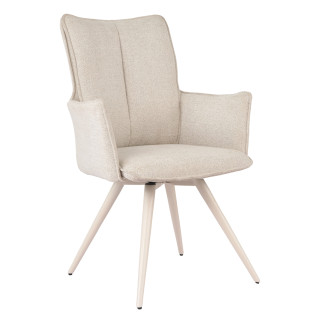 Chaise pivotante 180° en tissu doux blanc écru accoudoirs et pieds métal blanc - SABRINA