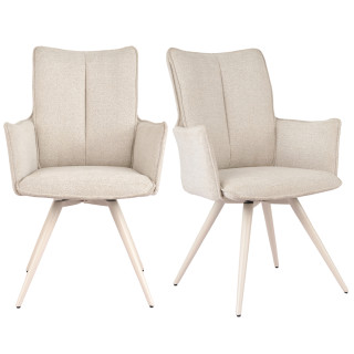 Lot de 2 chaises pivotantes 180° en tissu doux blanc écru accoudoirs et pieds métal blanc - SABRINA