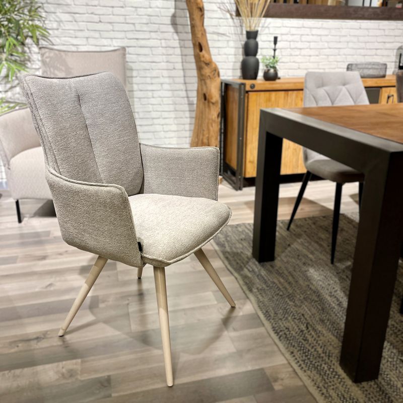 Chaise pivotante 180° en tissu beige avec pieds métal blanc - SABRINA