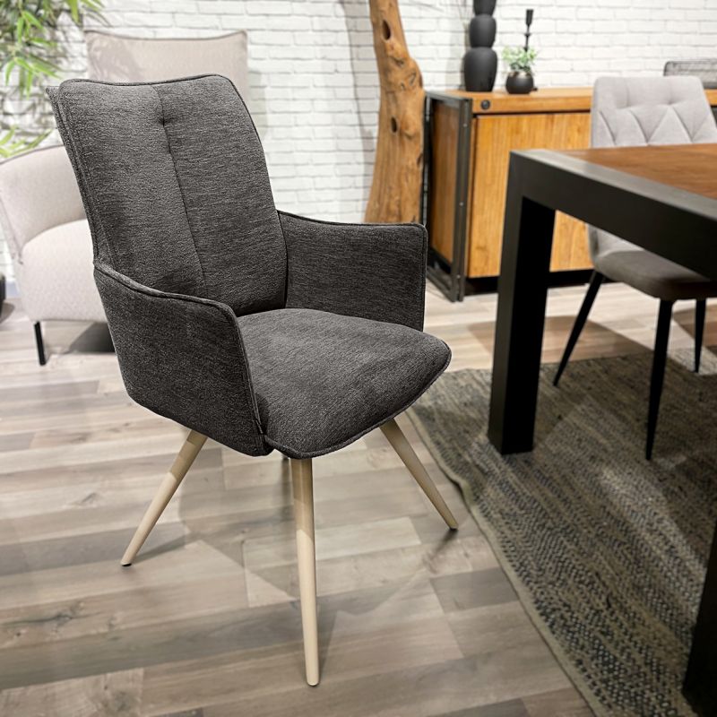 Lot de 2 chaises pivotantes en tissu doux gris anthracite accoudoirs et pieds métal blanc - SABRINA