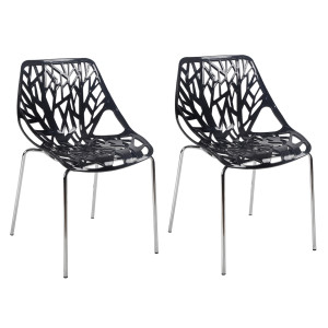 Lot de 2 chaises en plastique noires ajouré et empilables avec pieds métal chromé - TIMBER