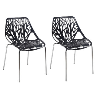 Lot de 2 chaises en plastique noires ajouré et empilables avec pieds métal chromé - TIMBER