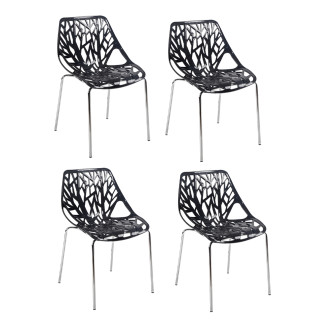 Lot de 4 chaises en plastique noires ajouré et empilables avec pieds métal chromé - TIMBER