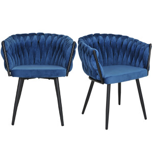 Lot de 2 Chaises en Velours tressé matelassé doux avec accoudoirs bleu nuit et Pieds métal - BOWI 2