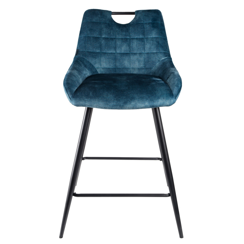 Lot de 2 tabourets de bar capitonnés en velours bleu canard avec poignée et pied métal noir - BRANDY