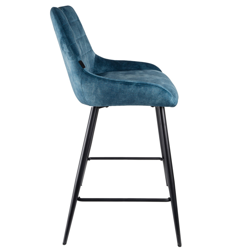 Lot de 2 tabourets de bar capitonnés en velours bleu canard avec poignée et pied métal noir - BRANDY