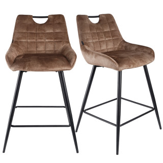 Lot de 2 tabourets de bar capitonnés en velours marron taupe avec poignée et pied métal noir - BRANDY
