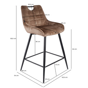 Lot de 2 tabourets de bar capitonnés en velours marron taupe avec poignée et pied métal noir - BRANDY