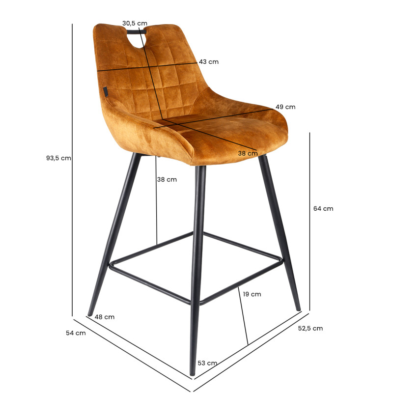 Lot de 2 tabourets de bar capitonnés en velours jaune moutarde avec poignée et pied métal noir - BRANDY