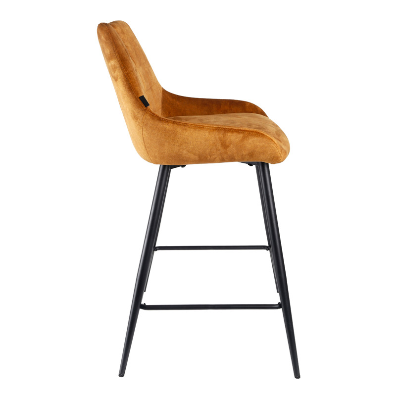 Lot de 2 tabourets de bar capitonnés en velours jaune moutarde avec poignée et pied métal noir - BRANDY