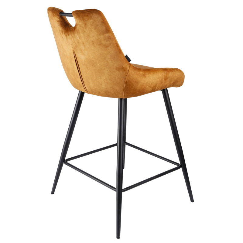 Lot de 2 tabourets de bar capitonnés en velours jaune moutarde avec poignée et pied métal noir - BRANDY