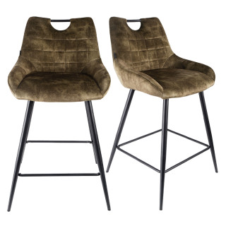 Lot de 2 tabourets de bar capitonnés en velours vert kaki avec poignée et pied métal noir - BRANDY