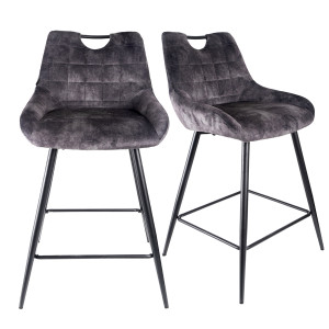 Lot de 2 tabourets de bar capitonnés en velours gris anthracite avec poignée et pied métal noir - BRANDY