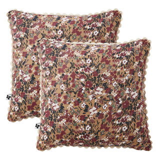 Lot de 2 Coussins Carrés 40 x 40 cm en Gaze de Coton Camel / Motif Fleuri Déhoussables avec Ouverture Zippée - ISABELA 1