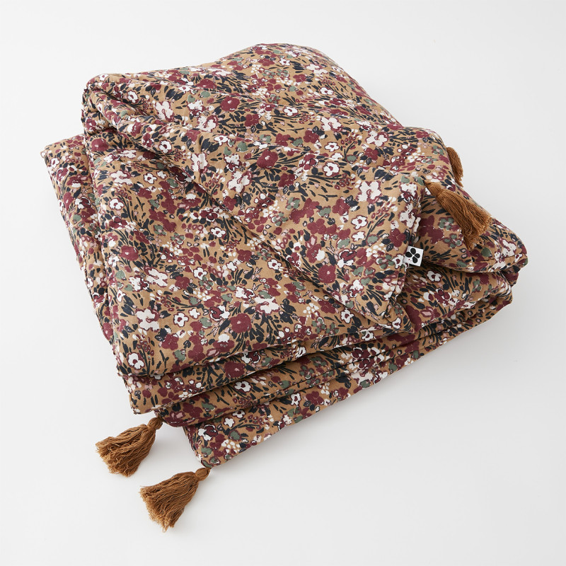 Édredon 90 x 200 cm en gaze de coton camel et fleuri - ISABELA 1