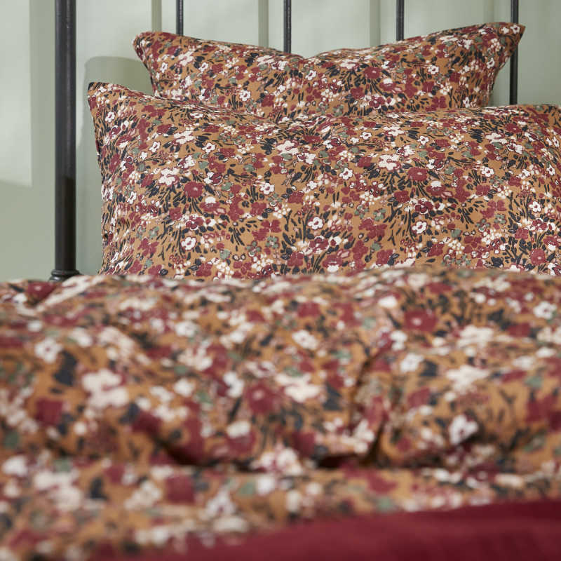 Parure de lit 140 x 200 cm gaze de coton camel et fleuri - ISABELA 1