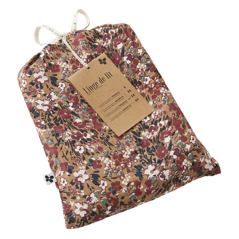 Housse de couette 240 x 220 gaze de coton camel et fleuri - ISABELA 1