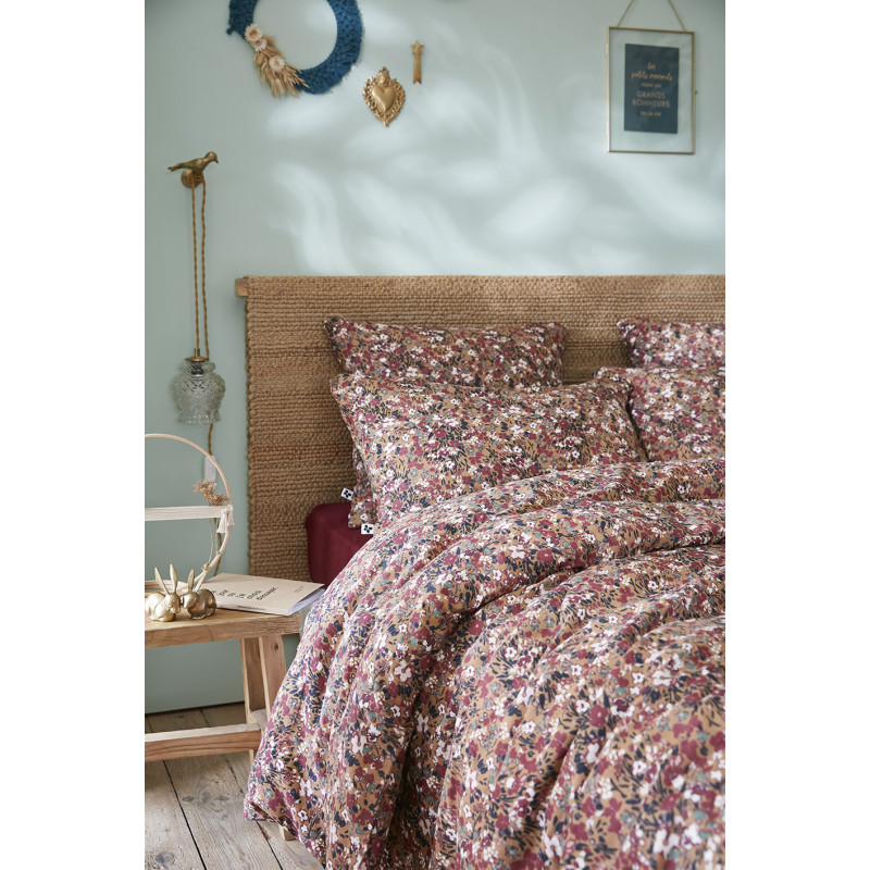 Housse de couette 260 x 240 gaze de coton camel et fleuri - ISABELA 1