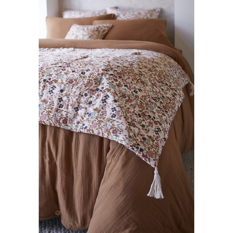 Édredon 90 x 200 cm en gaze de coton écru et fleuri - ISABELA 2