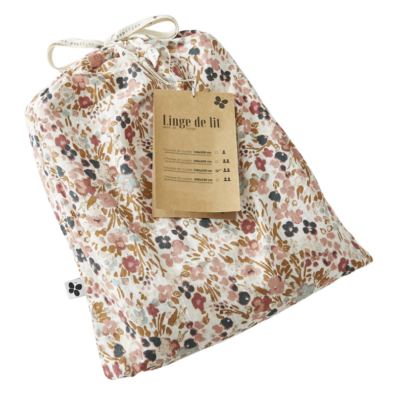 Housse de couette 240 x 220 gaze de coton écru et fleuri - ISABELA 2