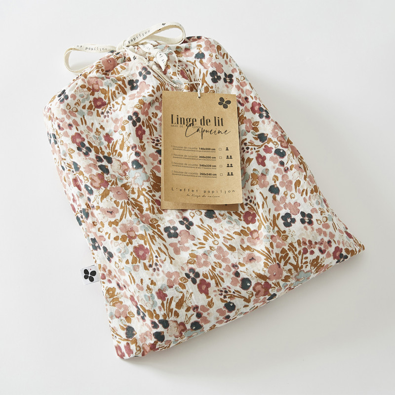Housse de couette 240 x 220 gaze de coton écru et fleuri - ISABELA 2