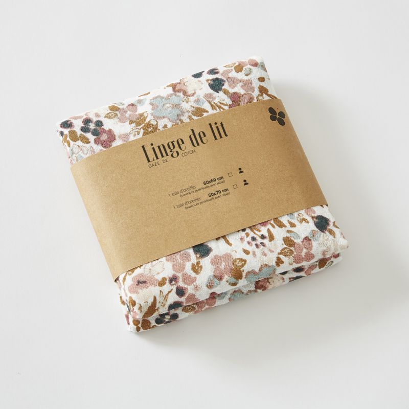 Lot 2 taies 60 x 60 cm en gaze de coton écru et fleuri - ISABELA 2