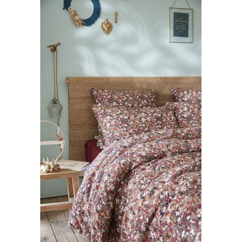 Parure de lit 140 x 200 cm gaze de coton camel et fleuri - ISABELA 1