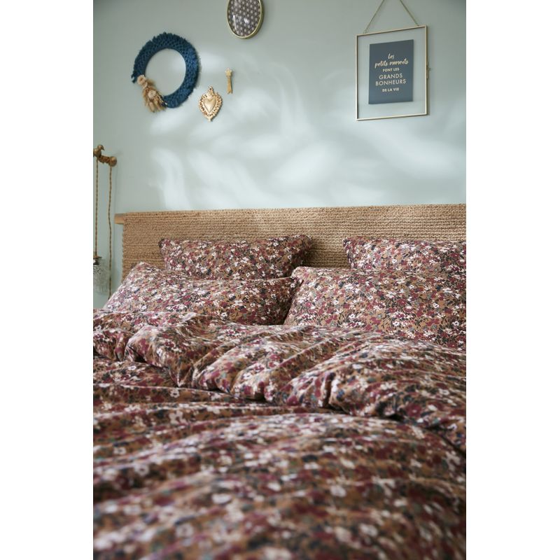 Parure de lit 240 x 220 cm gaze de coton camel et fleuri - ISABELA 1