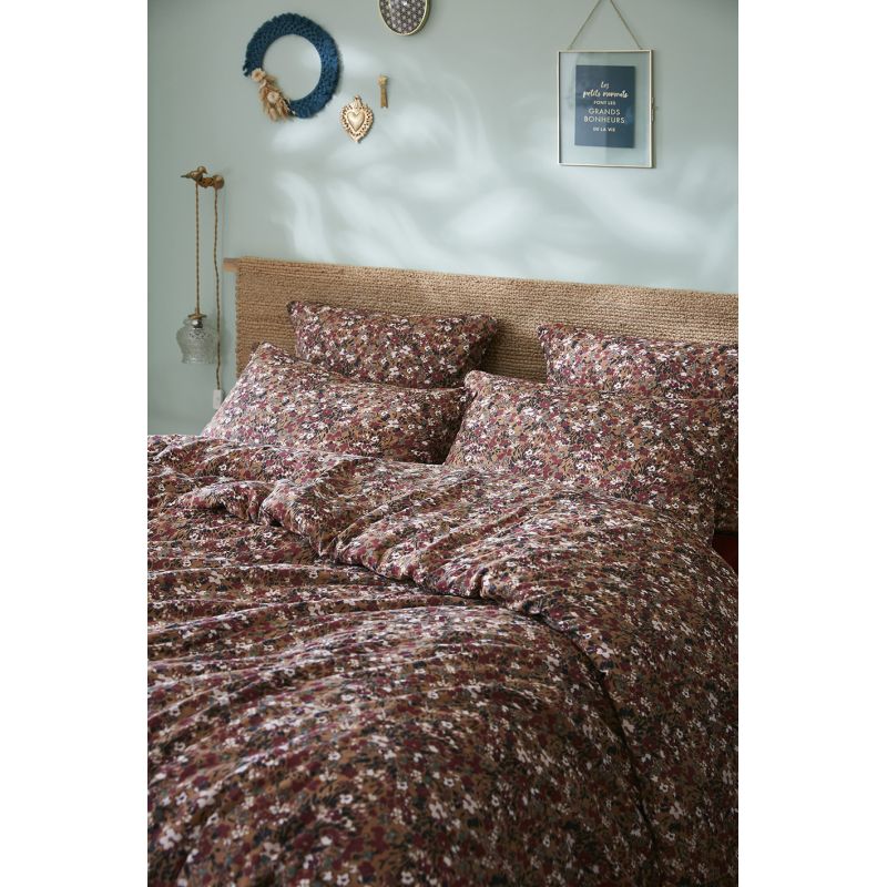 Parure de lit 240 x 220 cm gaze de coton camel et fleuri - ISABELA 1