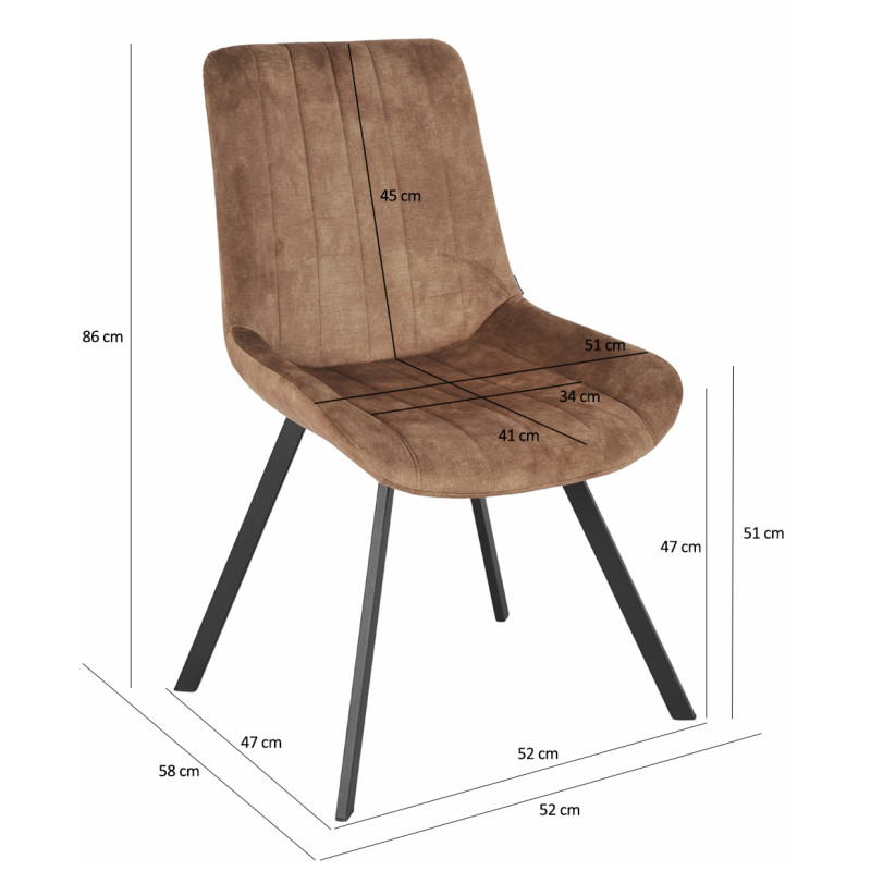 Lot de 2 Chaises en Velours Taupe Marron Rembourrées pieds en Métal Noir - NANY