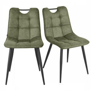 Lot de 2 chaises tissu microfibre vert vintage effet simili avec poignée et pieds noirs - MUSE 2