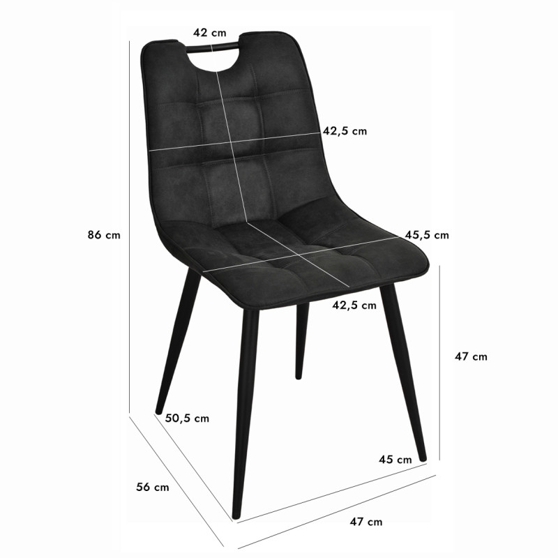 Lot de 2 chaises en tissu microfibre noir vintage effet simili avec poignée et pieds métal noirs - MUSE 2