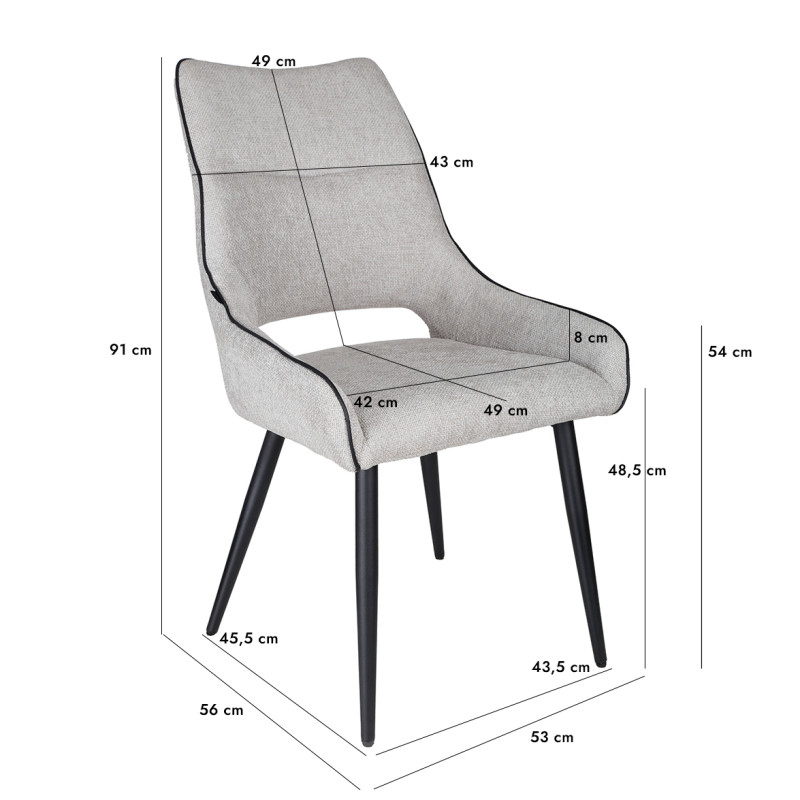Lot de 2 chaises en tissu gris clair design avec passepoil en smili noir et 4 pieds en métal noir - ANAIS 2
