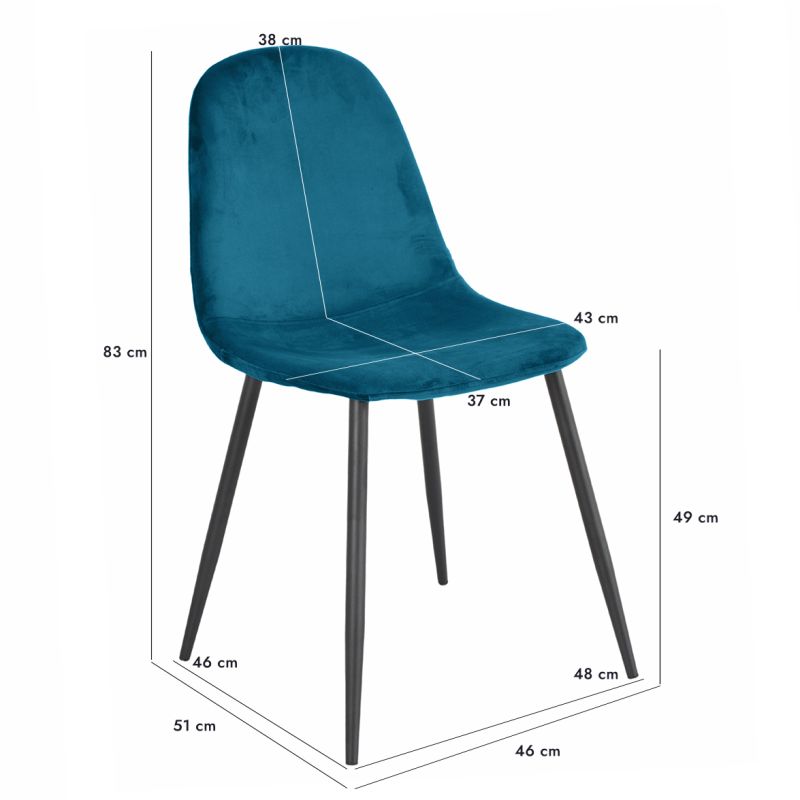 Lot de 4 chaises de repas en tissu velours bleu canard avec pieds métal noir – BIBA 2