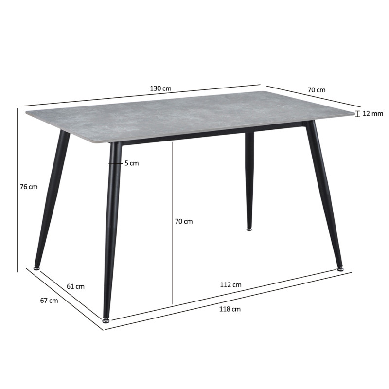 Table 130 x 70 cm en céramique gris béton et pieds métal noir - RYDER 2