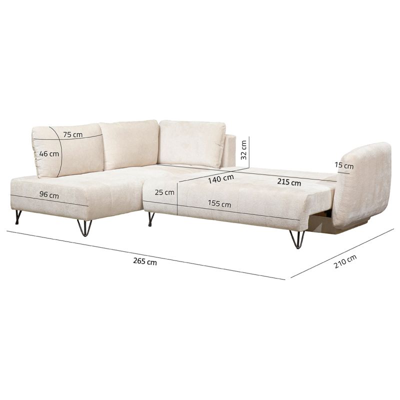 Canapé 3 Places Convertible Angle Gauche 265 cm Tissu Côtelé Écru Pieds Métal Noir - SAMUEL