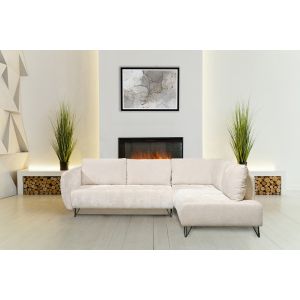 Canapé 3 Places Convertible Angle Droit 265 cm Tissu Côtelé Écru Pieds Métal Noir - SAMUEL