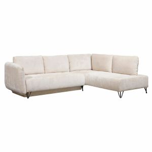Canapé 3 Places Convertible Angle Droit 265 cm Tissu Côtelé Écru Pieds Métal Noir - SAMUEL