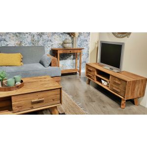 Table basse 120 cm en bois massif 2 tiroirs 2 niches - CHALET