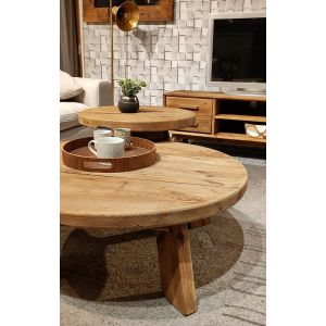 Table basse ronde 60 cm en bois massif recyclé 3 pieds- CHALET