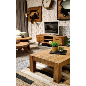 Meuble TV 130 cm pieds obliques 2 niches 2 tiroirs bois - CHALET
