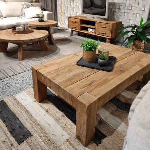 Table basse 117 cm en bois massif de pin recyclé fabrication artisanale - CHALET