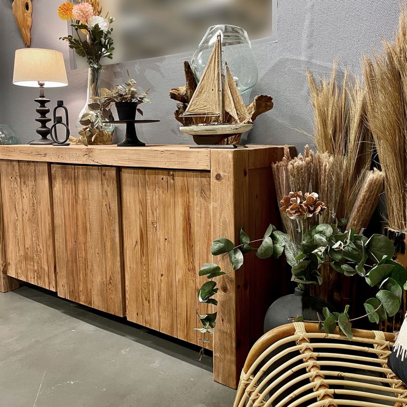 Buffet 168 cm 3 portes 3 tablettes de rangement en bois de pin massif recyclé - CHALET