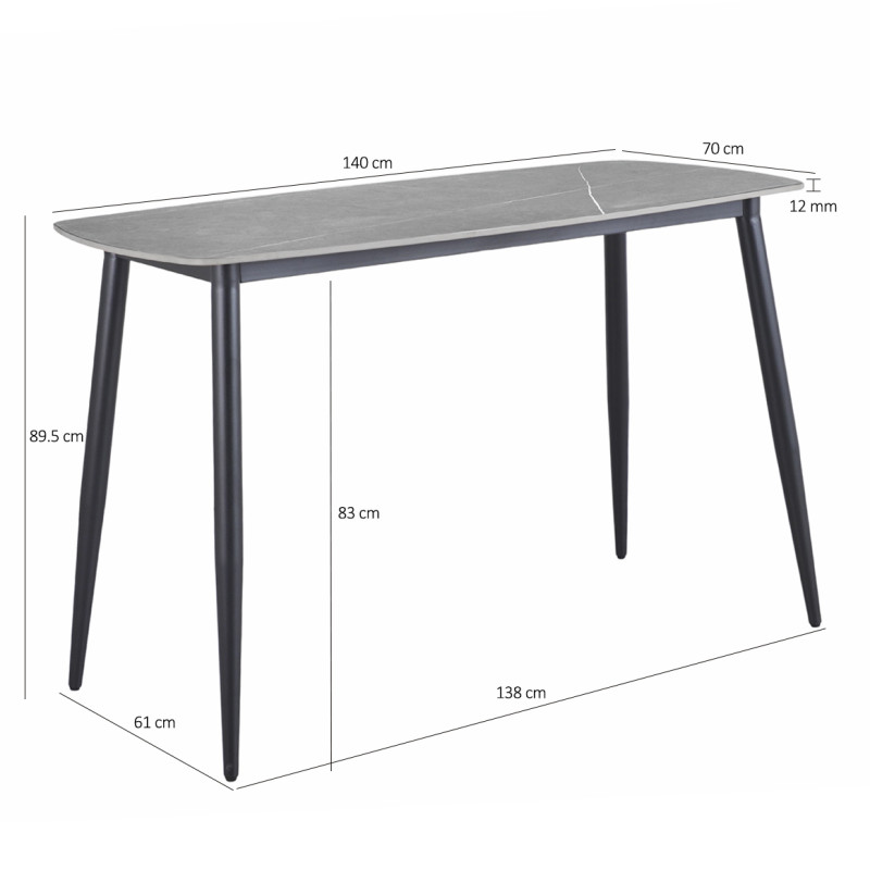 Table haute 140 cm angles arrondis plateau céramique gris marbré pieds métal - RYDER