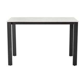 Table haute 140 cm rectangulaire céramique pleine masse blanc marbré pieds métal - HARPER
