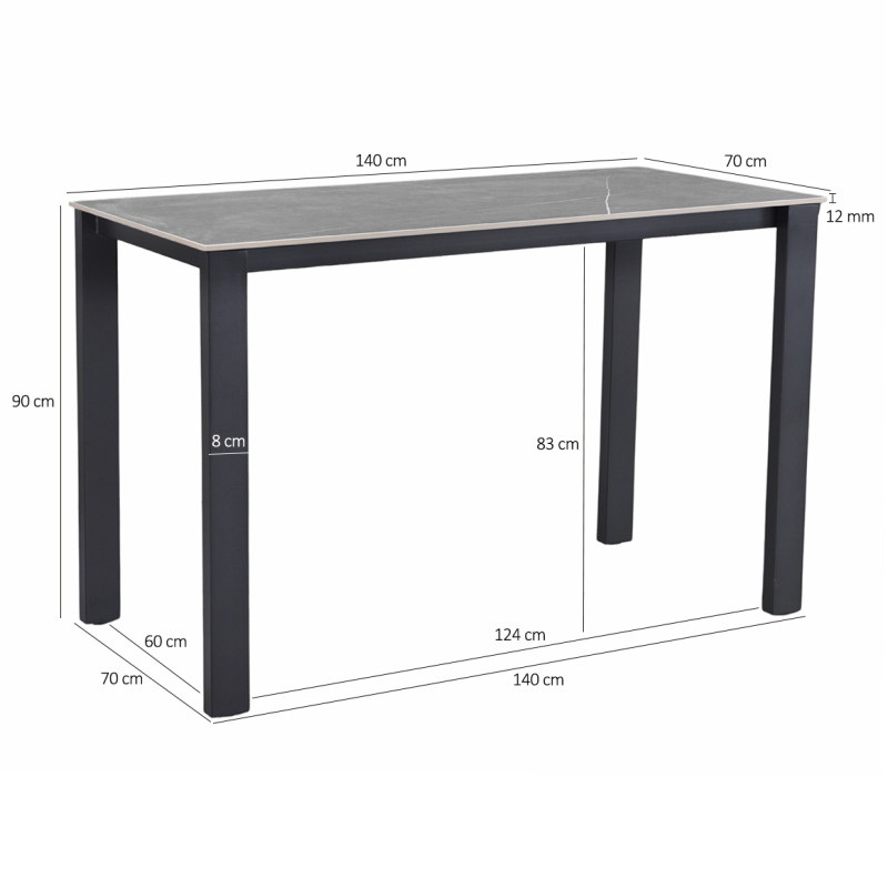 Table haute 140 cm rectangulaire céramique pleine masse gris marbré pieds métal - HARPER