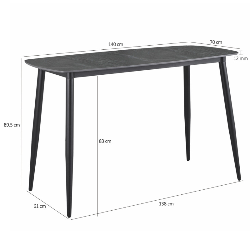 Table haute 140 cm angles arrondis céramique gris anthracite marbré - RYDER