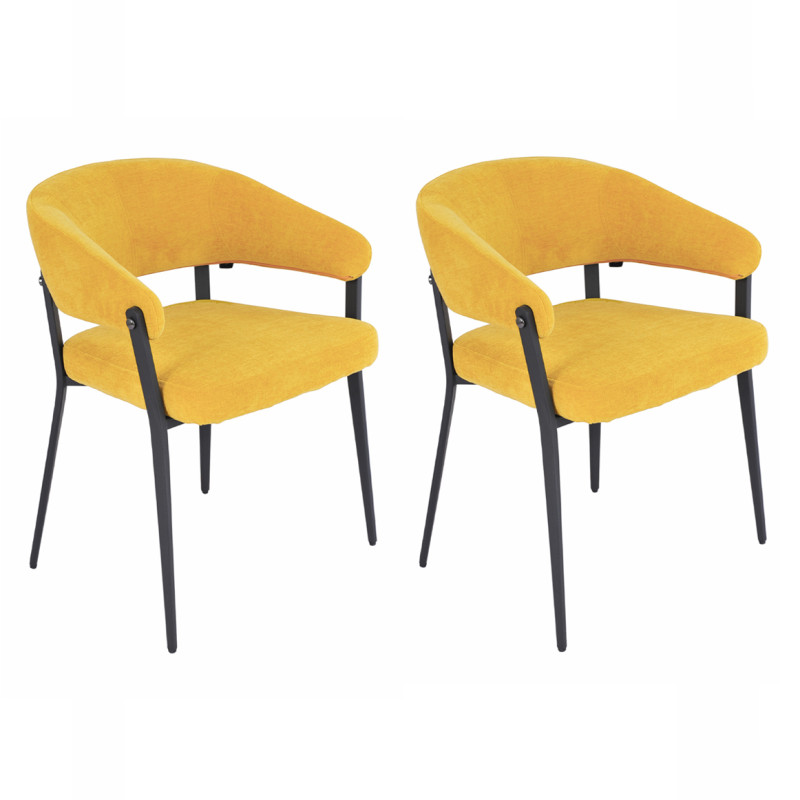 Lot de 2 chaises arrondies avec accoudoirs en tissu jaune et structure métal - HELGA