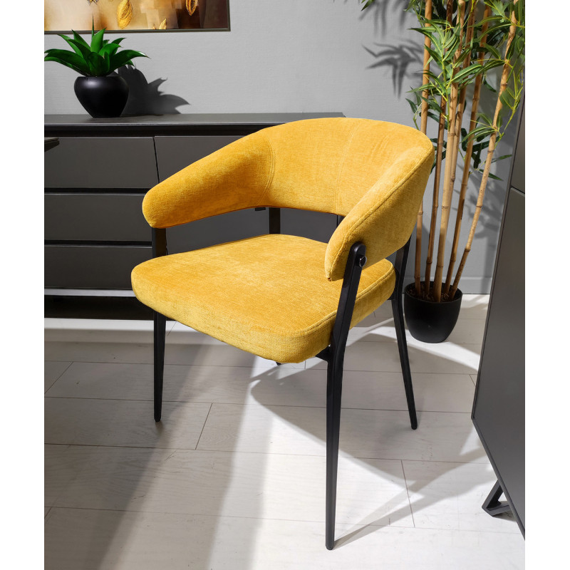 Lot de 2 chaises arrondies avec accoudoirs en tissu jaune et structure métal - HELGA
