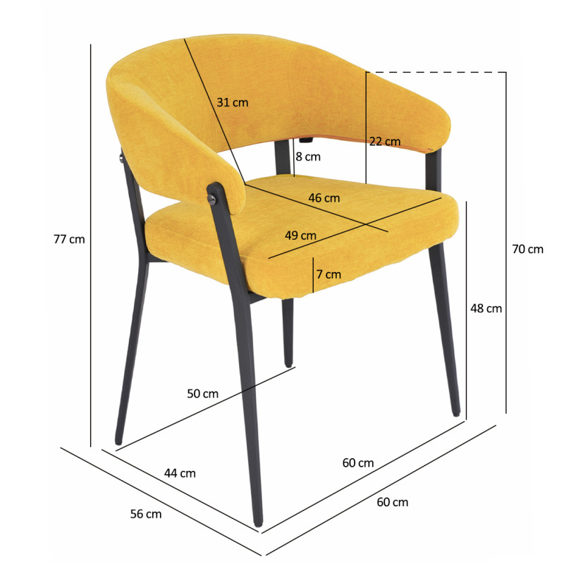 Lot de 2 chaises arrondies avec accoudoirs en tissu jaune et structure métal - HELGA